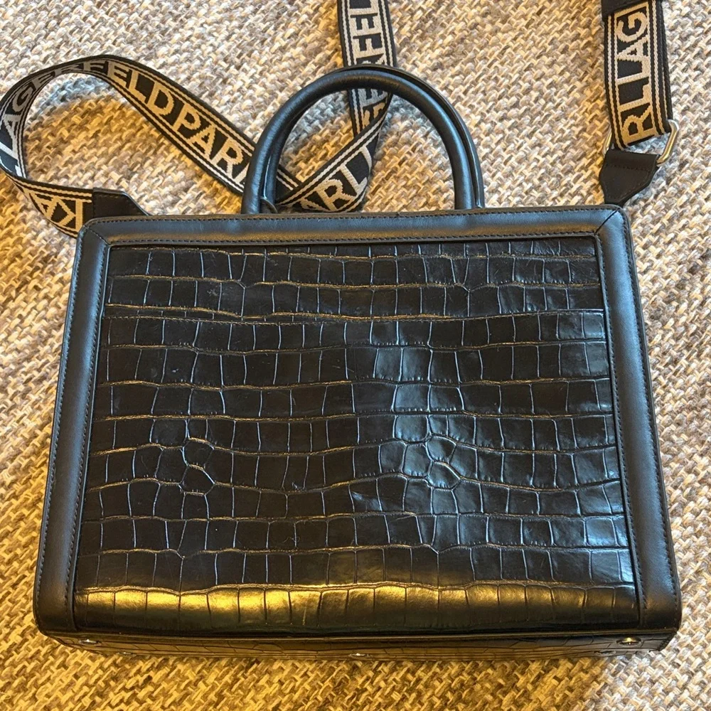 Karl Lagerfeld Black Leather Simone Alligator-Embossed Top Handle Bag